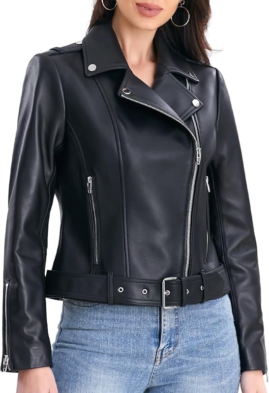 SILVER FASHIONS Women's Lambskin Leather Motorcycle Jacket with Asymme