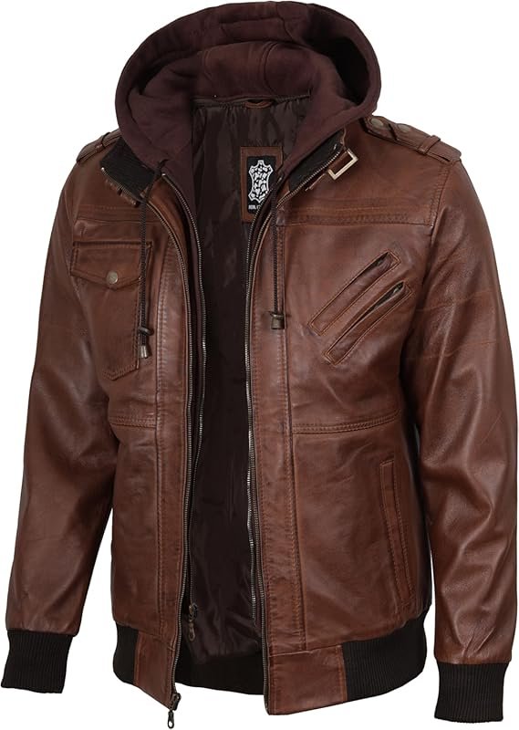 Blingsoul Men's Hooded Real Leather Bomber Jacket with Removable Hood 