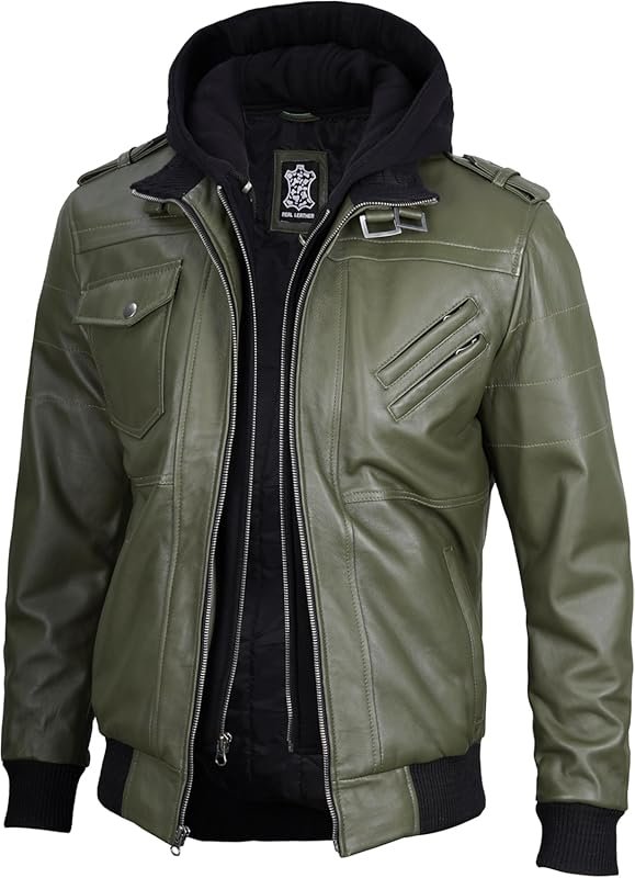 Decrum Men's Real Lambskin Leather Bomber Jacket with Detachable Hood,