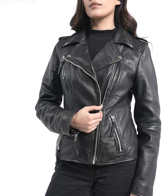 STREGA Women's Real Lambskin Leather Motorcycle Jacket with Classic Mo