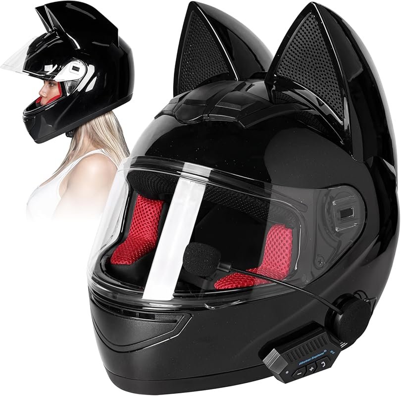 Custom Kitty Cat Ear Motorcycle Helmet with Bluetooth, DOT FMVSS218 Ce