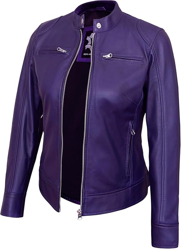 Women’s Stylish Cafe Racer Real Lambskin Leather Motorcycle Jacket for