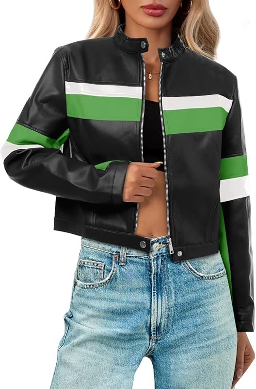 Tankaneo Women's Cropped Faux Leather Moto Biker Jacket, Color Block V
