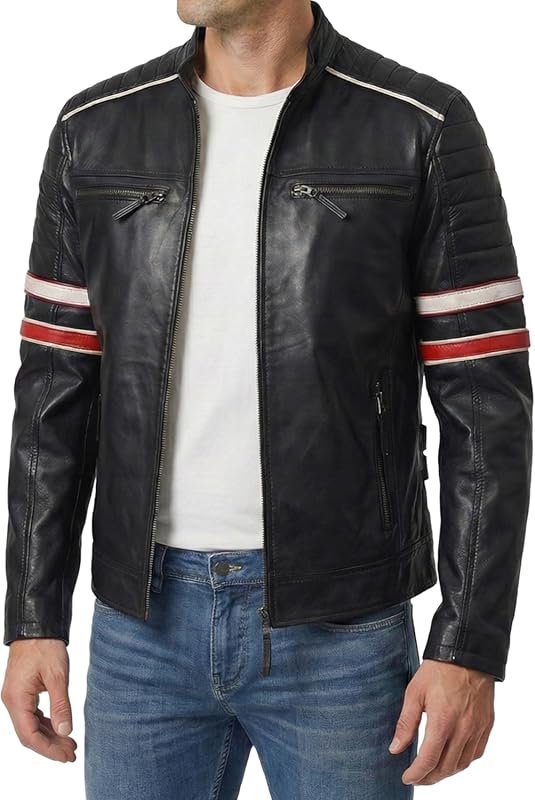 Decrum Men’s Real Lambskin Leather Jacket, Casual Cafe Racer Style Mot