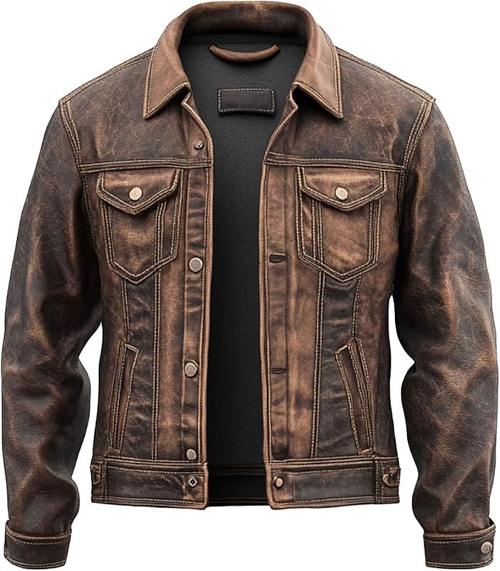 Men's Real Distressed Leather Motorcycle Jacket - American Vintage Sty