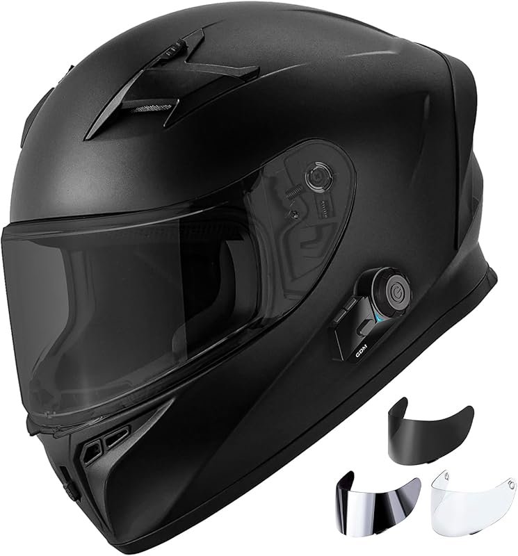 GDM Bluetooth Full Face Motorcycle Helmet with 3 Visors: Clear, Tinted