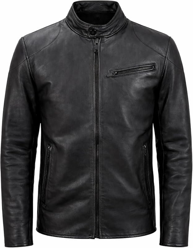 Rauly Genuine Lambskin Leather Jacket for Men, Biker Style Zip-Up Real