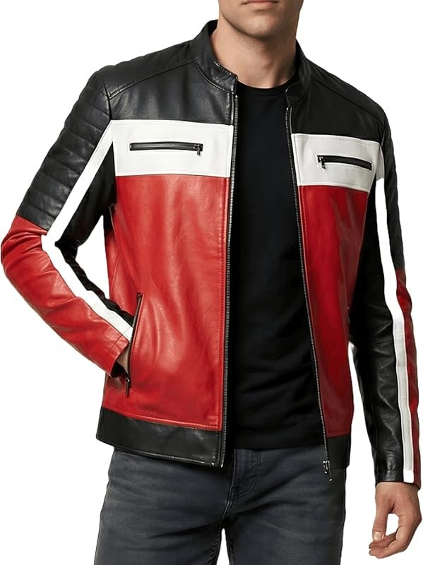 Multicolor Red Black White Genuine Leather Motorcycle Jacket for Men, 