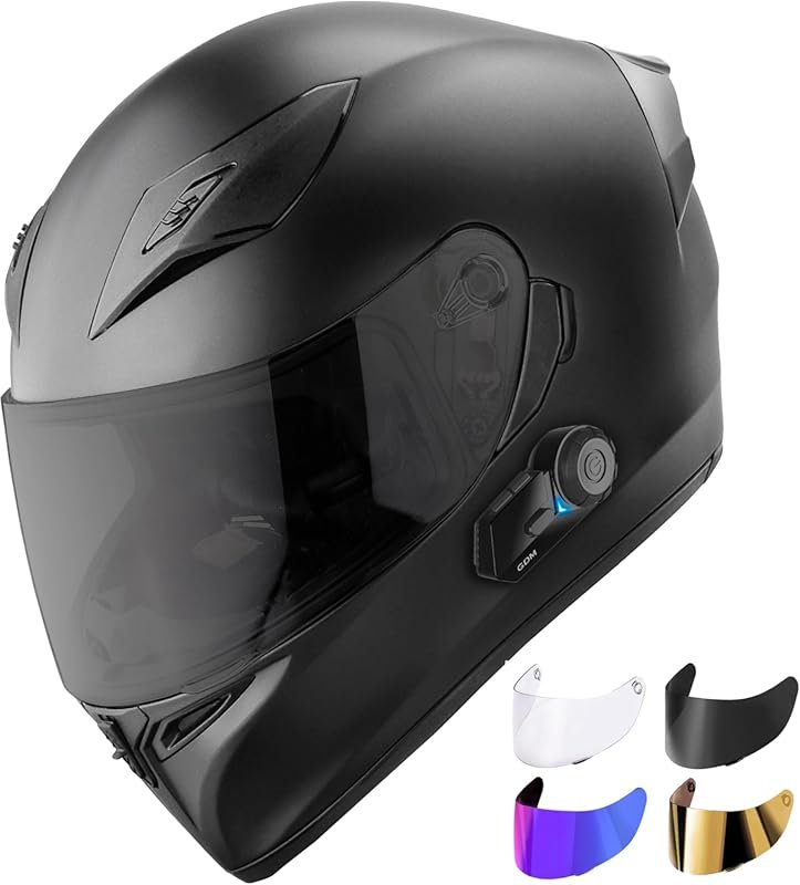 GDM Matte Black Full Face Motorcycle Helmet with Bluetooth Intercom, D